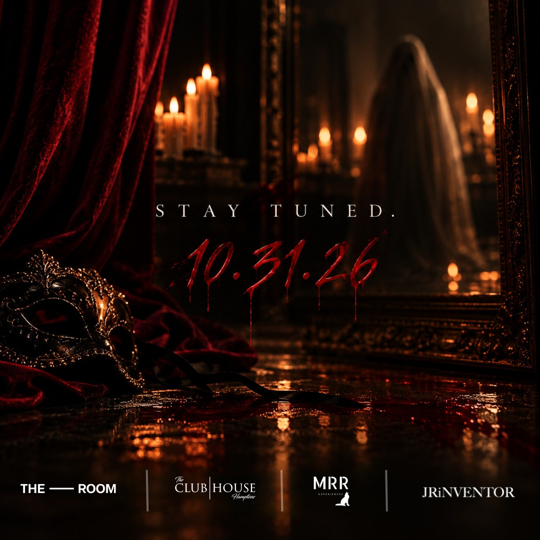 A dark and atmospheric teaser flyer for an upcoming event presented by The Room, The Clubhouse Hamptons, MRR Experiences, and JrInventor. The image features a mysterious figure draped in a black lace veil against a moody backdrop of candlelight, with the text 'Stay Tuned' and the date '10.31.26' rendered in a dripping red font.