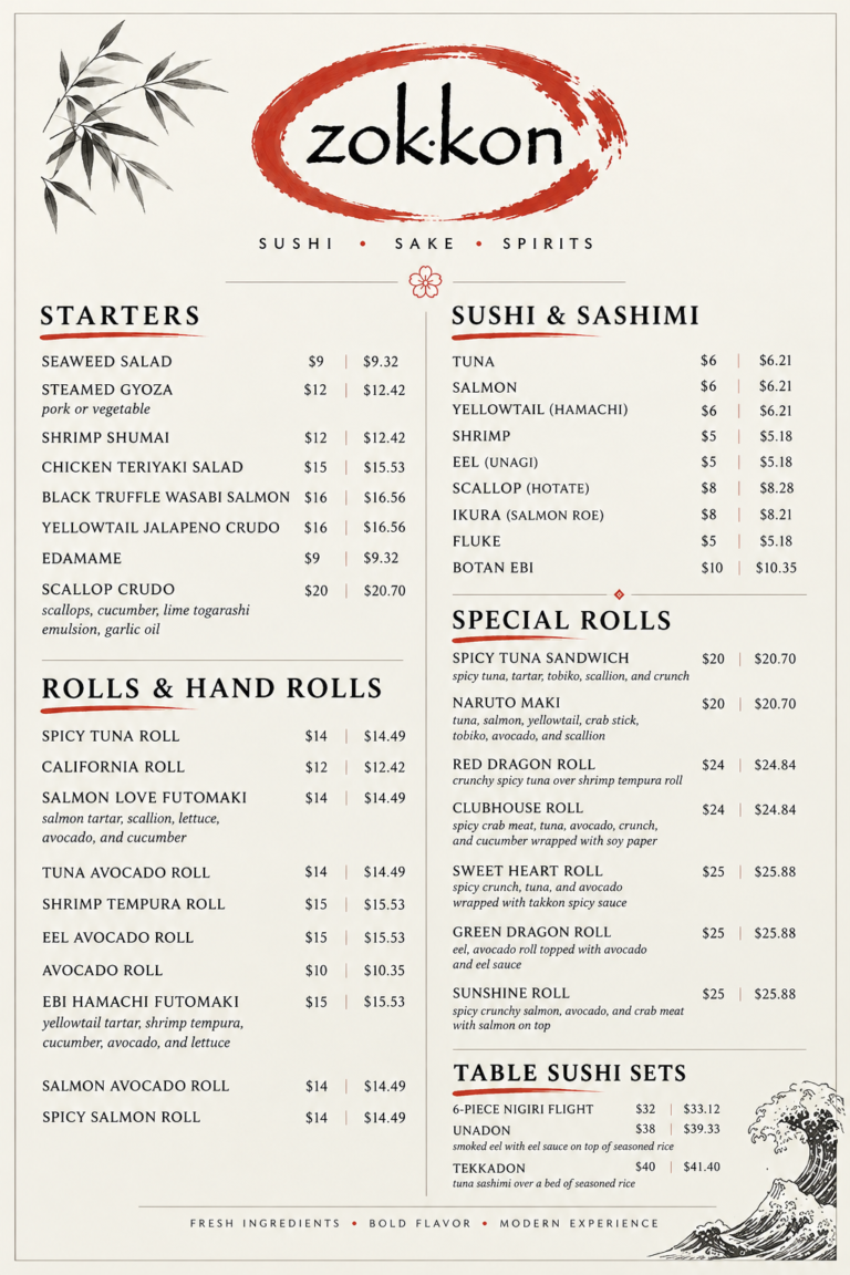 The Clubhouse Zokkon menu featuring Starters, Rolls & Hand Rolls, Sushi & Sashimi, Special Rolls, and Table Sushi Sets with prices.