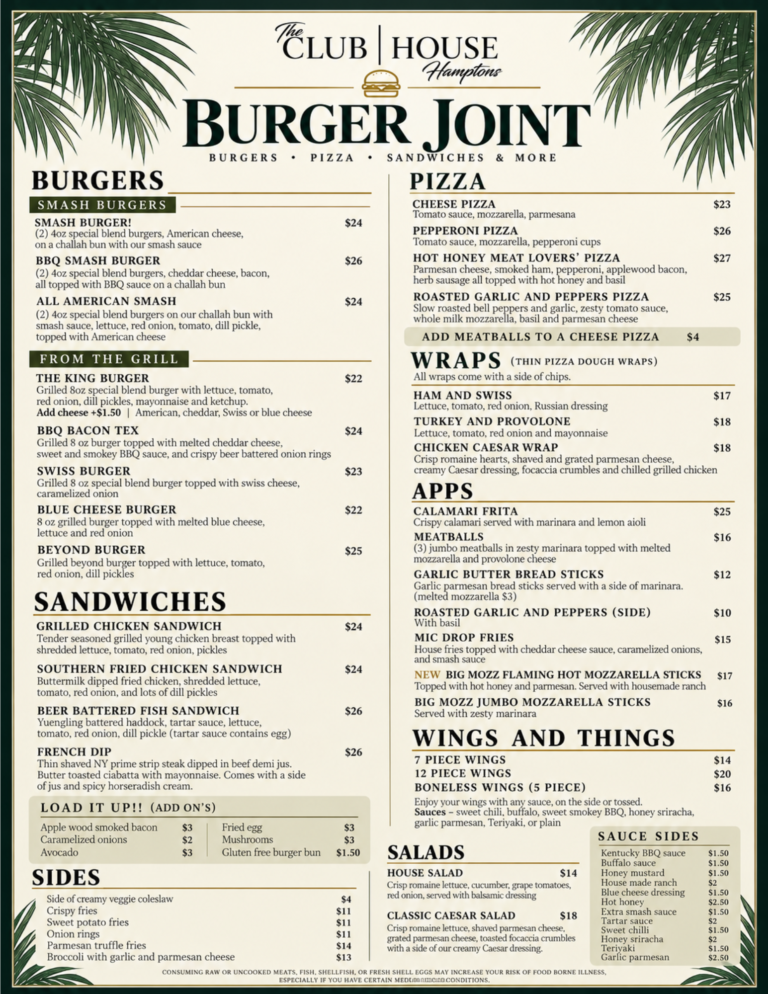 Menu for The Clubhouse Hamptons Burger Joint listing smash burgers, grilled burgers, sandwiches, pizza, wraps, appetizers, wings, salads, sides, and sauces with prices.